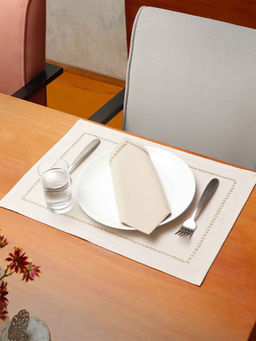 Zeba World - ZEBA Embroidered Tablemats And Napkins Set Cotton - Offwhite And Beige