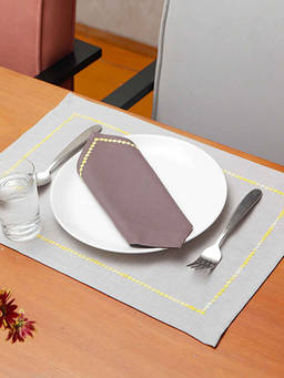 Zeba World - ZEBA Embroidered Tablemats And Napkins Cotton & Blend - Grey And Mushroom Grey