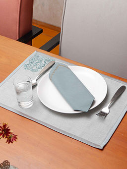 Zeba World - ZEBA Floral Embroidered Tablemats And Napkins Cotton & Blend - Grey & Blue