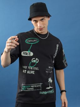 HIGHLANDER - Unisex Typography Printed Drop-Shoulder Sleeves Cotton T-Shirt-Black