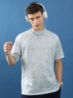 HIGHLANDER - Floral Printed Drop Shoulder T-Shirt-Grey