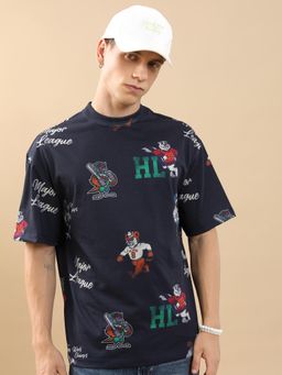 HIGHLANDER - Unisex Printed Drop-Shoulder Sleeves T-Shirt-Navy Blue