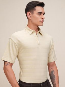 HIGHLANDER - Men Self Design Collar Relaxed Fit Polo T-Shirt-Cream