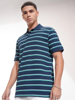 HIGHLANDER - Men Dress Collar Striped Relaxed Polo T-Shirt-Teal