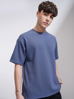 HIGHLANDER - Men Crew Neck Knitted Textured Relaxed Fit T-shirt-Blue