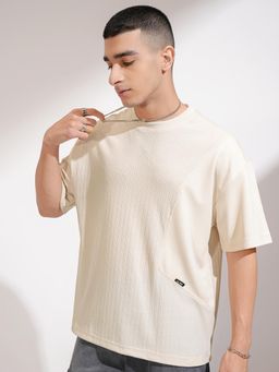HIGHLANDER - Men Crew Neck Knitted Textured Drop shoulder T-shirt-Cream