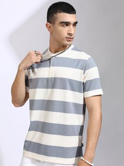 HIGHLANDER - Men Striped Henley Neck Relaxed T-shirt-Grey