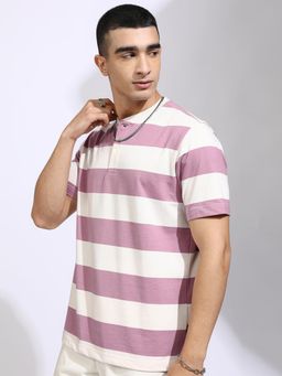 HIGHLANDER - Men Striped Henley Neck Relaxed T-shirt-Purple