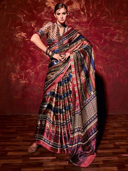 Akhilam - Womens Satin Beige Digital Print Designer Saree with Unstitched Blouse