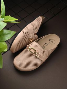 EGOSS - Women Lady Boss Premium Genuine Leather Flat Mules - Nude