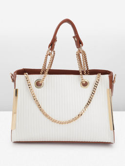 Fabbhue - Womens Strips White and Tan Handbag