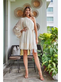 Style Junkiie - Ivory Mirror Embroidered One Shoulder Dress