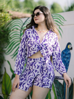 GARDEN PARTY - Women Purple Georgette Top with Skorts Co-Ord Set