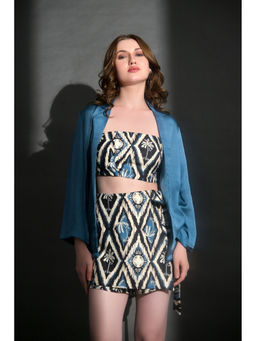 GARDEN PARTY - Women Blue Viscose Top with Skirt and Jacket Co-Ord Set