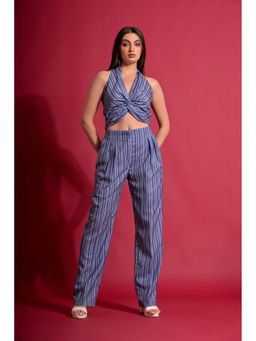 GARDEN PARTY - Women Blue Cotton Blend Top with Trousers Co-Ord Set