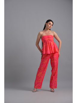 GARDEN PARTY - Women Orange Cotton Blend Top with Trousers Co-Ord Set