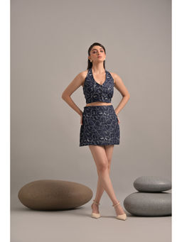 GARDEN PARTY - Women Blue Linen Blend Top with Skirt Co-Ord Set