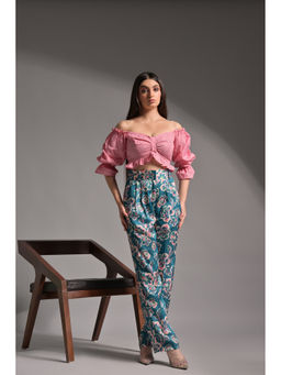GARDEN PARTY - Women Pink Cotton Blend Top with Trousers
