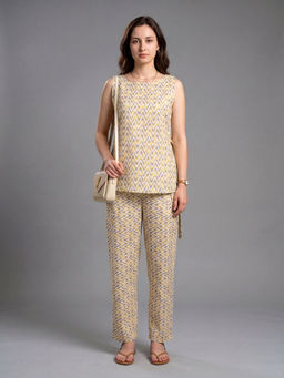 GARDEN PARTY - Women Beige Cotton Blend Top with Trousers Co-Ord Set