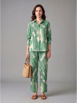 GARDEN PARTY - Women Green Cotton Blend Top with Trousers Co-Ord Set