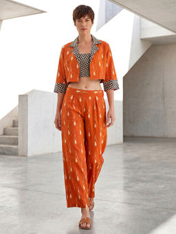 GARDEN PARTY - Women Orange Cotton Blend Top with Trousers and Jacket Co-Ord Set