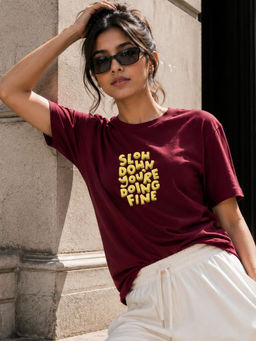 RIGO - Women Maroon Cotton T-Shirt