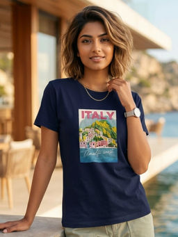 RIGO - Women Navy Blue Cotton T-Shirt