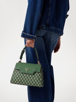 Guess - Green Logo Geometric Top Handle Flap Satchel Bag With Detachable Strap