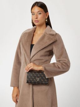 Guess - Brown Monogram Noelle Flap Organizer Sling Bag With Detachable Strap