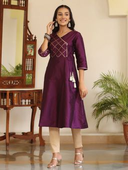 Jaipur Kurti - Purple Gold Print Angrakha Pattern Kurta