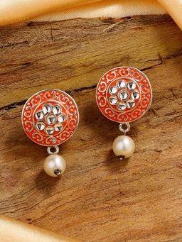Estele - Rhodium Plated Stunning Orange Meenakari Pearl Drop Earrings with Kundan for Women