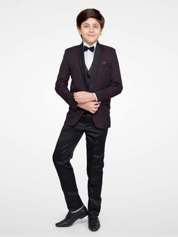 Jeetethnics - Boys Purple Checked Coat Suit With Waistcoat Shirt & Trousers (Set of 5)