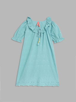 Blue Giraffe - Girls Blue Embroidered Dress