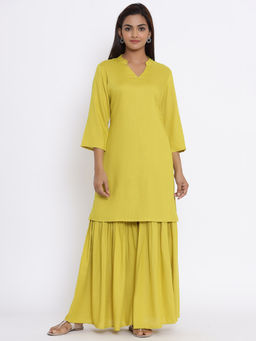 Miravan - Womens Yellow Pure Cotton Kurti With Sharara (Set of 2)