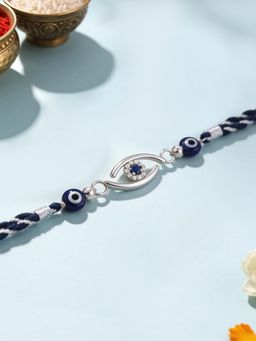 Ornate Jewels - 925 Silver Blue Sapphire Evil Eye Charm Thread Rakhi With Roli Chawal for Brother