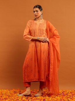 House of Chikankari - Orange Chanderi Chikankari Mukaish Kurta with Pant and Dupatta