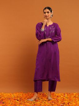 House of Chikankari - Purple Chanderi Chikankari Mukaish Kurta with Pant