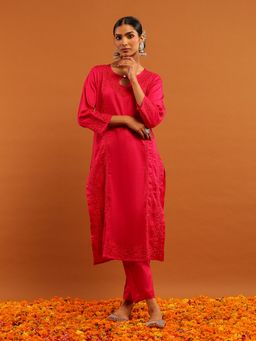 House of Chikankari - Magenta Chanderi Chikankari Mukaish Kurta with Pant