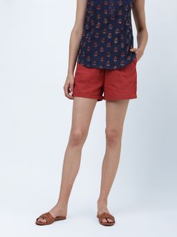 Fabindia - Red Cotton Thigh Length Shorts