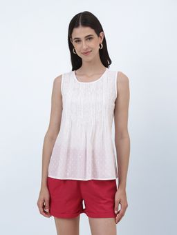 Fabindia - White Cotton Pintuck Chikankari Top