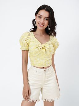 Fabindia - Yellow Cotton Linen Printed Crop Top