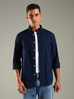 Tommy Hilfiger - Navy Blue Self Design Regular Fit Cotton Shirt