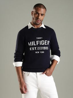 Tommy Hilfiger - Men Navy Blue Cotton Full Sleeves Sweatshirt