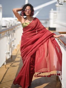 Suta - Red Zari Striped Pure Cotton Handloom Saree without Blouse