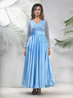 CHARUKRITI - Sky Blue Satin Gown with Sequins Work