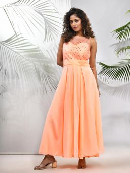 CHARUKRITI - Peach Georgette Gown with Bow