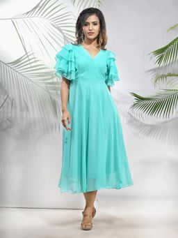CHARUKRITI - Sea Green Georgette Midi Dress with Ruffle Sleeves