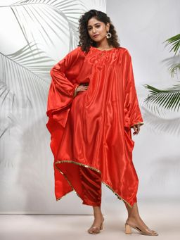 CHARUKRITI - Red Solid Kaftan & Straight Pant with Sequins (Set of 2)