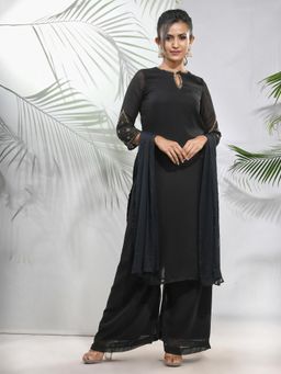 CHARUKRITI - Black Georgette Kurta with Palazzo and Dupatta with Beads Work (Set of 3)