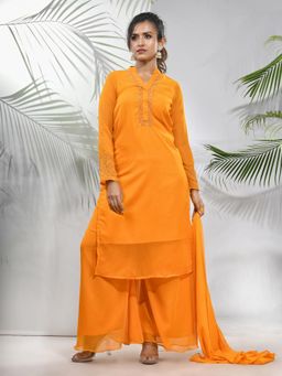 CHARUKRITI - Yellow Georgette Kurta with Palazzo and Dupatta with Beads Work (Set of 3)